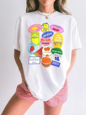 Fruit Stickers Graphic Tee, Preppy Summer Shirt